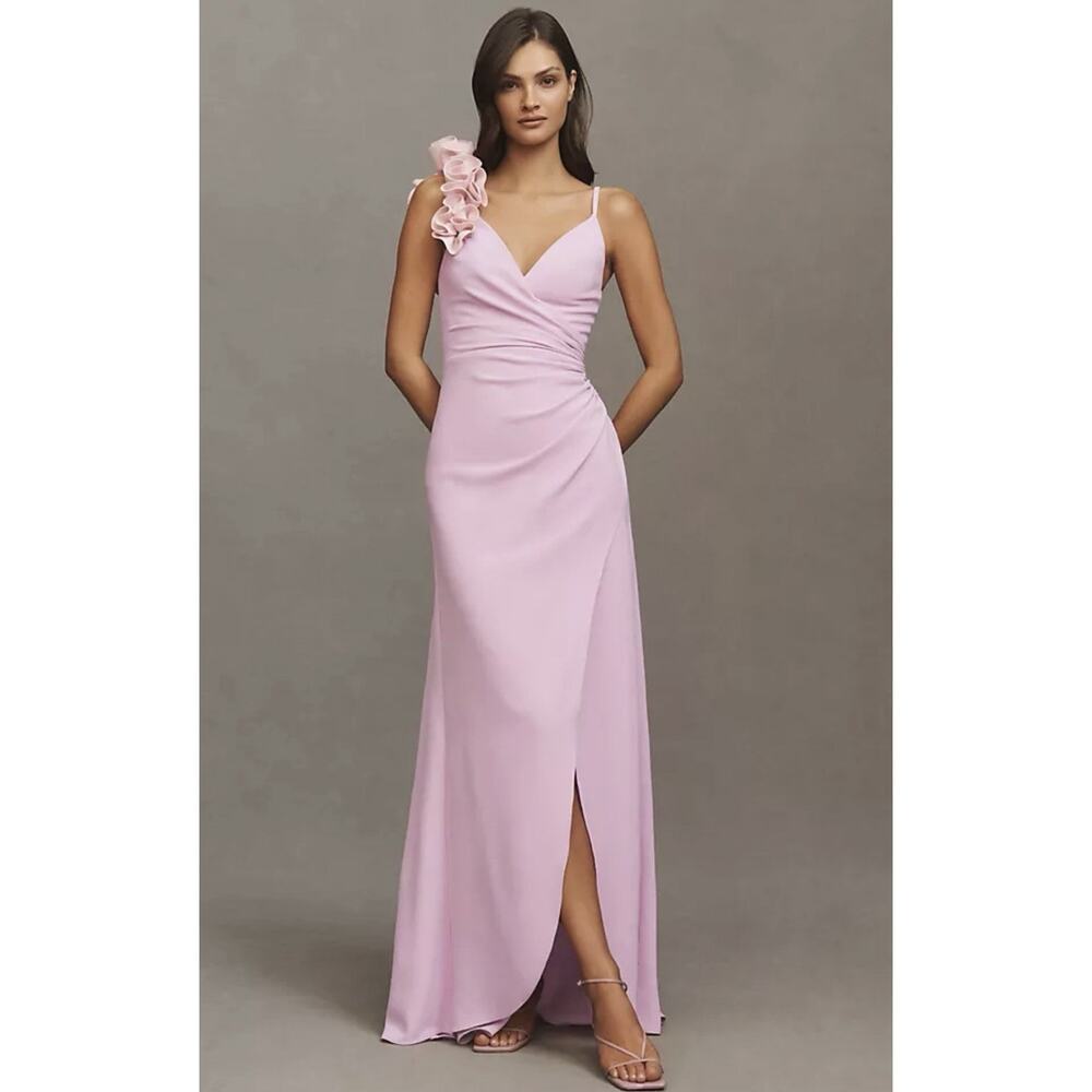 DRESS THE POPULATION Anthropologie Lavender Camelia Ruffle Maxi Dress M NWT FLAW